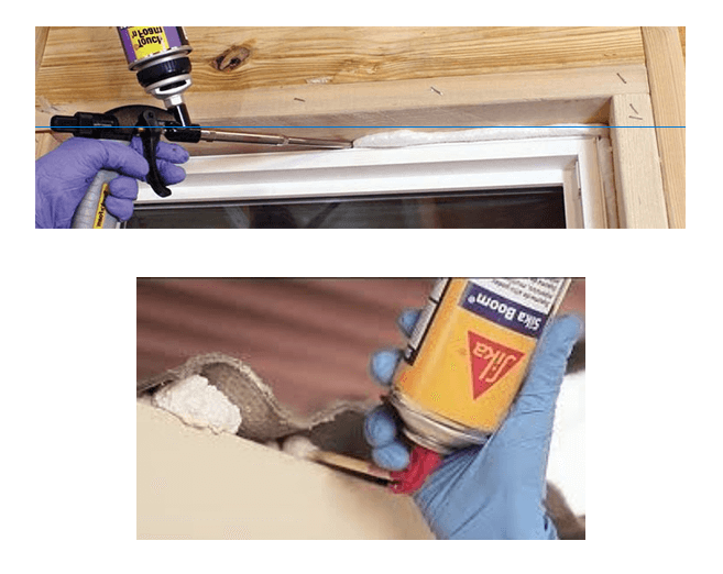 Fotografía sellando agujeros con espuma de poliuretano.